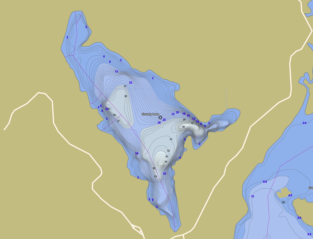 Contour Map of Grundy Lake in Municipality of Unincorporated and the District of Parry Sound